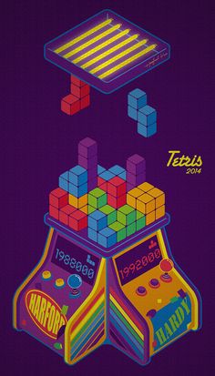 an old school arcade game poster with the words tetris on it's side