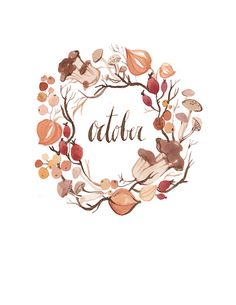 a watercolor wreath with leaves and flowers on it that says, atria in the center