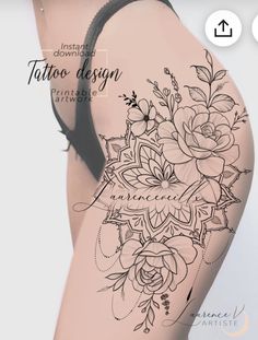 the back of a woman's thigh with tattoos on it and flowers in black ink