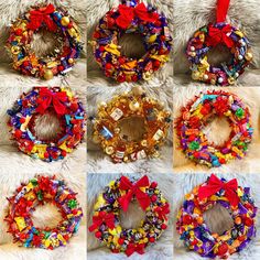 twelve christmas wreaths are arranged on a fur surface