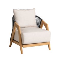 a wooden chair with a white cushion and black trim on the arm rests against a white background