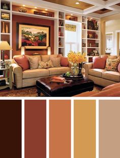 a living room filled with furniture and lots of bookshelves in brown, beige and orange colors