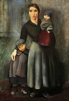 an oil painting of a woman and two children in front of a wall with the child's head resting on her mother's shoulders