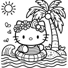 hello kitty is sitting on the beach with her life preserver and palm tree in the background