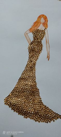 a woman in a long dress made out of gold coins is floating through the air