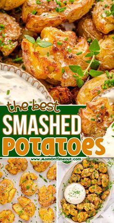 the best smashed potatoes recipe is shown in this collage with images and text overlays