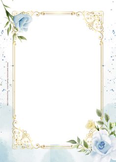 a blue and white flower frame with gold trimmings on a watercolor background