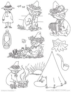 an image of some cartoon characters in the style of children's coloring book pages