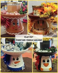 four pictures of clay pots with candy and candle holders on them, all decorated in different designs