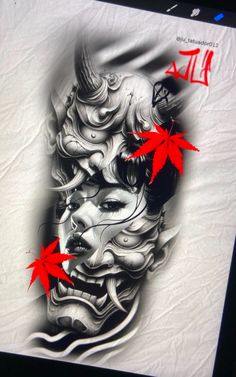 an artistic tattoo design with red leaves on the side of a woman's face