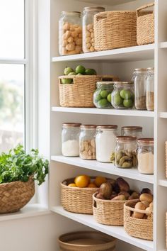 the shelves are filled with many different types of food and vegetables in baskets on them