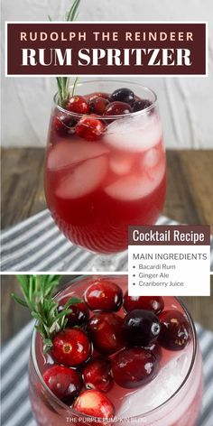 the recipe for rum spritzer with cherries and rosemary garnish is shown in