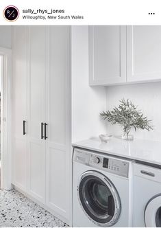 a washer and dryer in a white laundry room