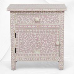 Bone Inlay Bedside Floral 1 Drawer 1 Door Blush Pink 4 Modern Floral Design, Bone Inlay Furniture, Console Tv, Inlay Furniture, Bedside Night Stands, Rose Blush, Bone Inlay, Hanging Pendant, Drawer Slides