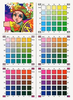 an image of the color chart for different colors and shapes, including one woman's head