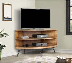 a flat screen tv sitting on top of a wooden shelf next to a plant in a living room