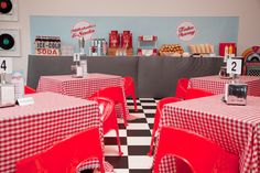 red and white checkered tablecloths on tables in a diner's restaurant