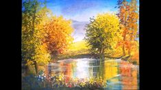 an oil painting of trees and water in the fall season with yellow leaves on them