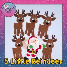 a group of reindeers with santa clause on their face and hands in front of a purple background