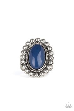 Painted in the confident shade of Evening Blue, an oversized blue bead is pressed into the center of a textured silver frame radiating in a ring of shimmery silver studs for a whimsical pop of color. Features a stretchy band for a flexible fit.

 Sold as one individual ring. Ornate Ring, Stretch Ring, Ready To Pop, Paparazzi Accessories, Rings Cool, Paparazzi Jewelry, Affordable Jewelry, Blue Rings, Silver Frame