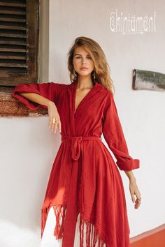 Chic Long Sleeve Robe For Spring, Chic Long Sleeve Spring Robe, Chic Long Sleeve Robe For Fall, Fitted Long Sleeve Solid Color Robe, Fitted Long Sleeve Winter Robe, Fitted Long Sleeve Solid Robe, Red Long Sleeve Robe For Summer, Chic Red Long Sleeve Cardigan, Long Red Summer Robe