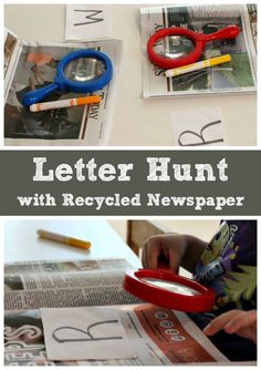 the letter hunt with recycled newspaper is an easy way to teach kids how to write letters