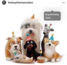 a group of dogs with birthday hats and cake on their heads in front of a white background