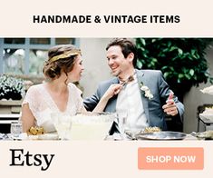 a man and woman sitting at a table with food in front of them on etsy