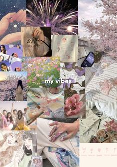 a collage of photos with flowers and fireworks in the sky, text reads my videos