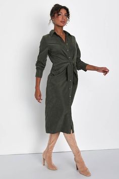 Green Suede Dress - Button-Up Midi Dress - Tie-Front Midi Dress - Lulus Olive Green Fall Dresses, Olive Green Long Sleeve Dress Casual, Olive Green Dress Casual Fall, Dresses With Boots Fall Midi, Olive Green Dress Jacket, Suede Green Dress, Olive Green Suede Dress, Green Suede Dress, Olive Green Shirt Dress