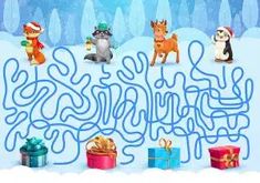 a maze game with animals and presents in the snow