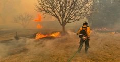 a firefighter is using a hose to extinguish the flames in his yard