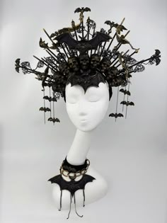 Goth Headpiece, Vampire Crown, Goth Crown, Fantasy Headdress, Queen Headpiece, Halloween Headpiece, Bat Hat, Gold Halo Crown