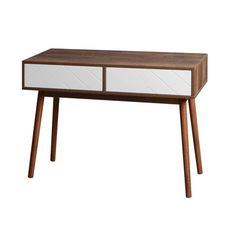 a white and wood desk with two drawers on one side, against a white background