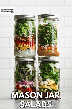 mason jar salads stacked on top of each other with the title mason jar salads