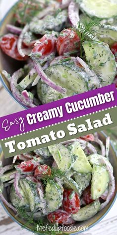 two bowls filled with cucumber and tomato salad