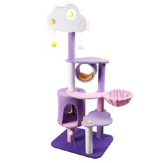 a purple cat tree with a moon and clouds on it's top, in front of a white background