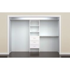 an empty white closet with shelves and drawers