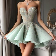 Pastel green short dress Afterparty Wedding Dress Short, Prom Dress Inspo Short, Glam Dress Short, Couture Dresses Short, Green Short Dress, Fancy Short Dresses, Short Green Dress, Trendy Outfit Ideas, Teen Dress