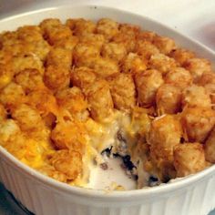 a casserole dish with tater tots in it