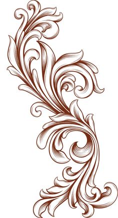 an ornate design with swirls and leaves in brown ink on a white paper background