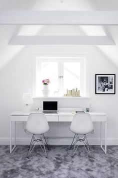 two white chairs sitting at a desk in front of a window