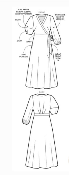 the front and back view of a women's dress, with instructions for how to sew