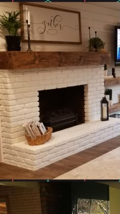 before and after pictures of a fireplace in a living room that is painted white brick