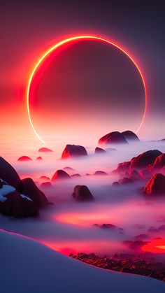 an eclipse is seen in the sky over some rocks and snow at night with bright red light