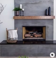 a living room with a fire place and a potted plant on the coffee table