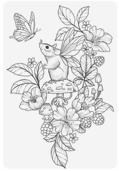 a drawing of a mouse sitting on top of a mushroom surrounded by flowers and butterflies