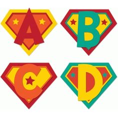 the letters are made up of different shapes and sizes, including superman's capes