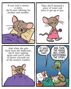 a comic strip with an image of a mouse in bed, and the caption that says