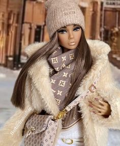 a barbie doll wearing a fur coat and hat with her hands in her pockets,